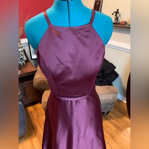 Morilee David’s Bridal Wine Satin High-neck A-Line Bridesmaids Dress - Picture 6 of 10